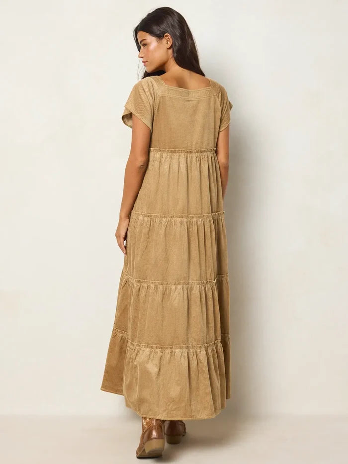 Berkley Embroidered Corduroy Maxi Dress - Folklore Stitches Tan-view 6