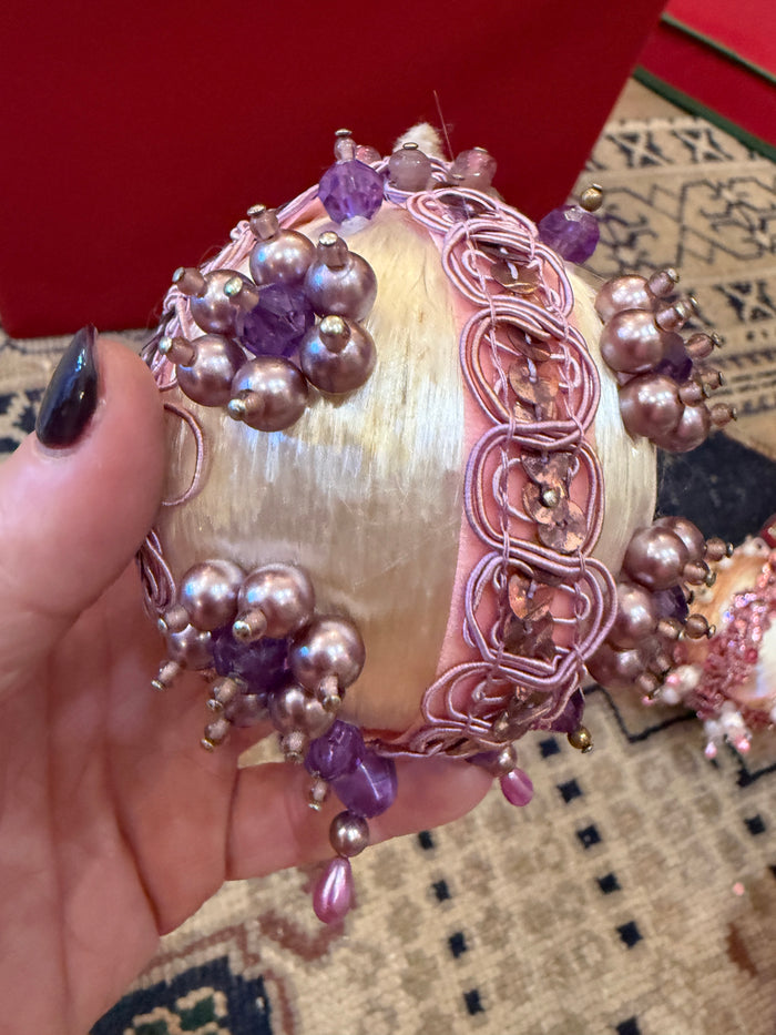 one-of-a-kind vintage Christmas ornament with ivory satin, lavender trim, mauve pearl clusters, and delicate dangling beads.
