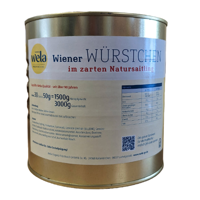 Wela Wiener Würstchen - große Metalldose mit weißem Etikett und Aufdruck.