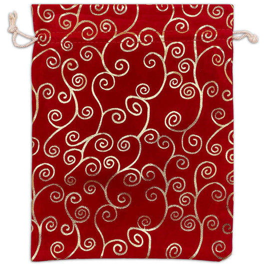 8" x 10" Red Velvet Gold Swirl Christmas Drawstring Gift Bags
