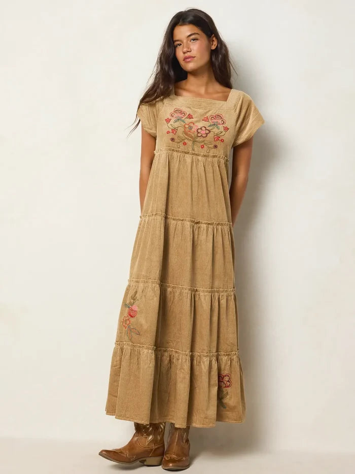 Berkley Embroidered Corduroy Maxi Dress -  Folklore Stitches Tan-view 1