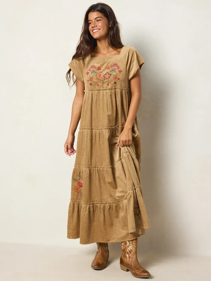 Berkley Embroidered Corduroy Maxi Dress -  Folklore Stitches Tan-view 5