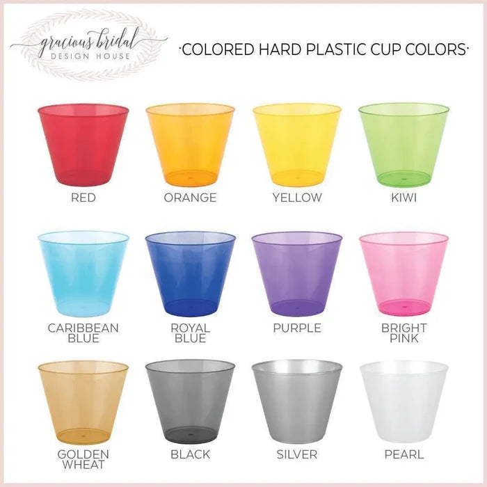 a collection of twelve colorful plastic cups, each with a different color, arranged in a grid format.