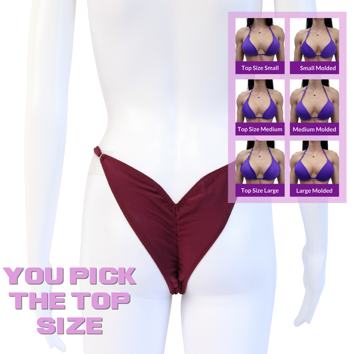QS SZ: Matte Maroon Posing Practice Suit. Brazilian with Modest Rise.  Angel Competition BikinisThe best NPC Competition Suits for the Bikini Division, Fit Model Division Suits, and bodybuilding suits.