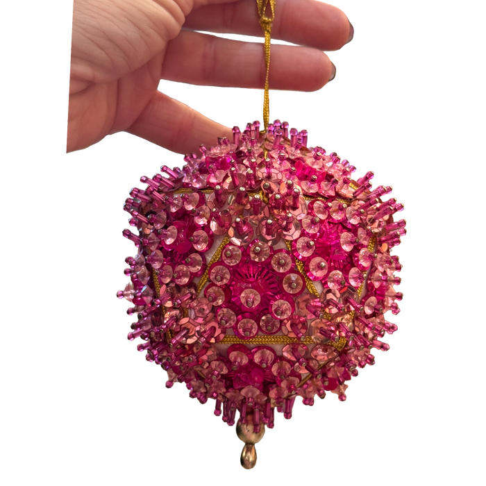 Vintage 4-inch handmade pink Christmas ornament with fuchsia sequins, dimensional beading, and gold hanging cord