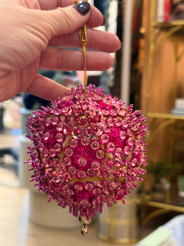Vintage 4-inch handmade pink Christmas ornament with fuchsia sequins, dimensional beading, and gold hanging cord