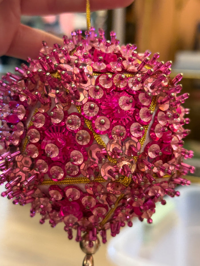 Vintage 4-inch handmade pink Christmas ornament with fuchsia sequins, dimensional beading, and gold hanging cord